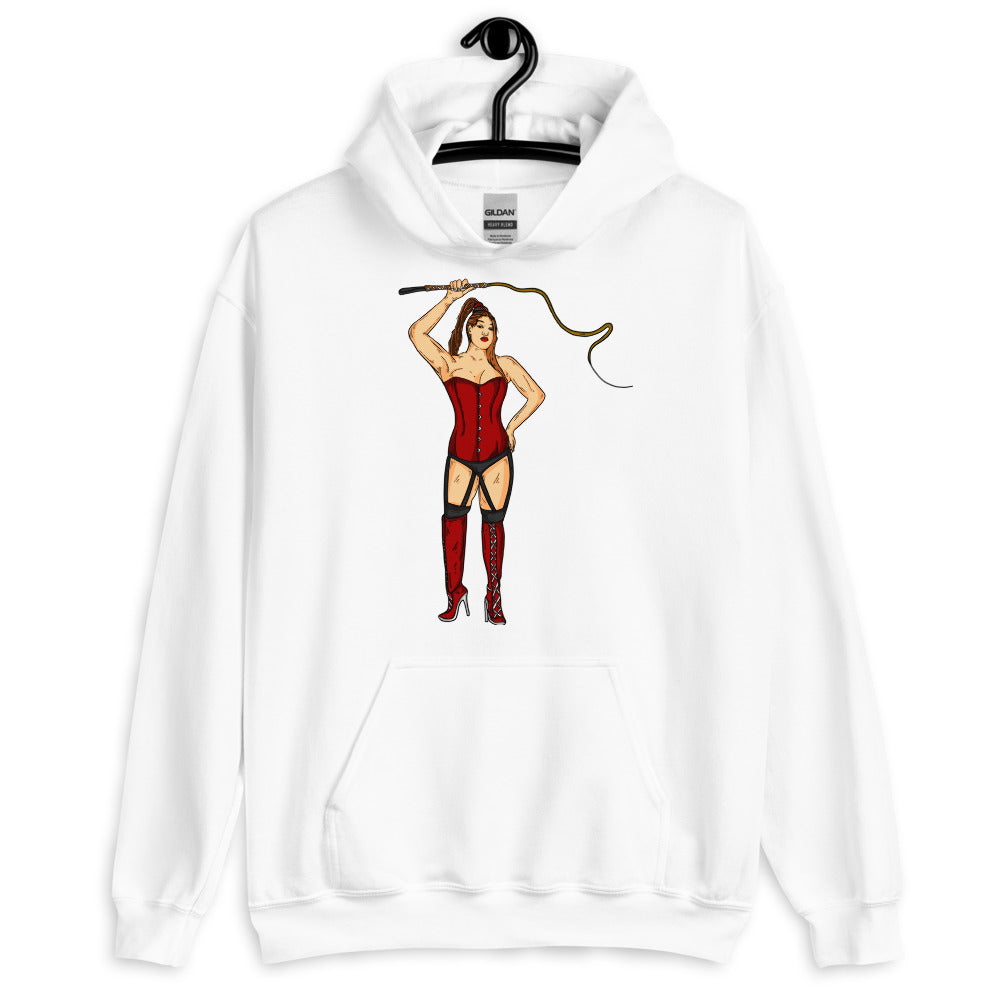Front view of a white hoodie with a red corset-clad dominatrix holding a whip