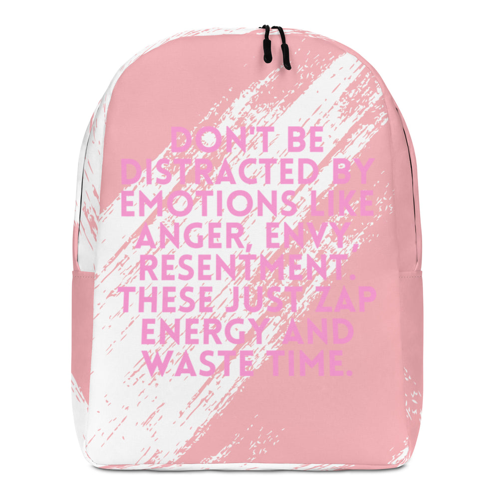 Front-facing pink and white backpack with bold pink text and black zipper pulls