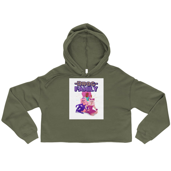 Front view of an olive cropped hoodie with a 