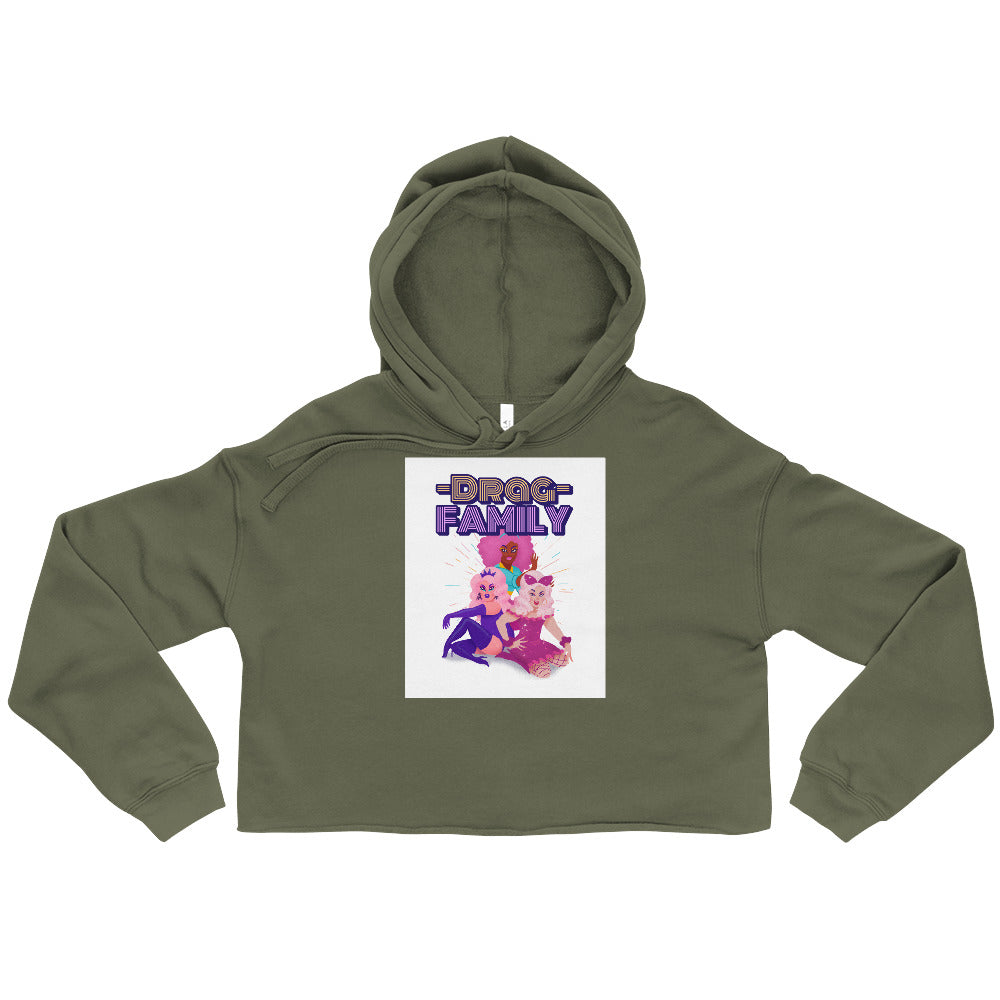 Front view of an olive cropped hoodie with a "DRAG FAMILY" graphic and three performers