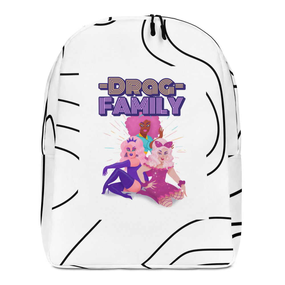 Front view of a white backpack reading “DRAG FAMILY,” with three colorful drag performers