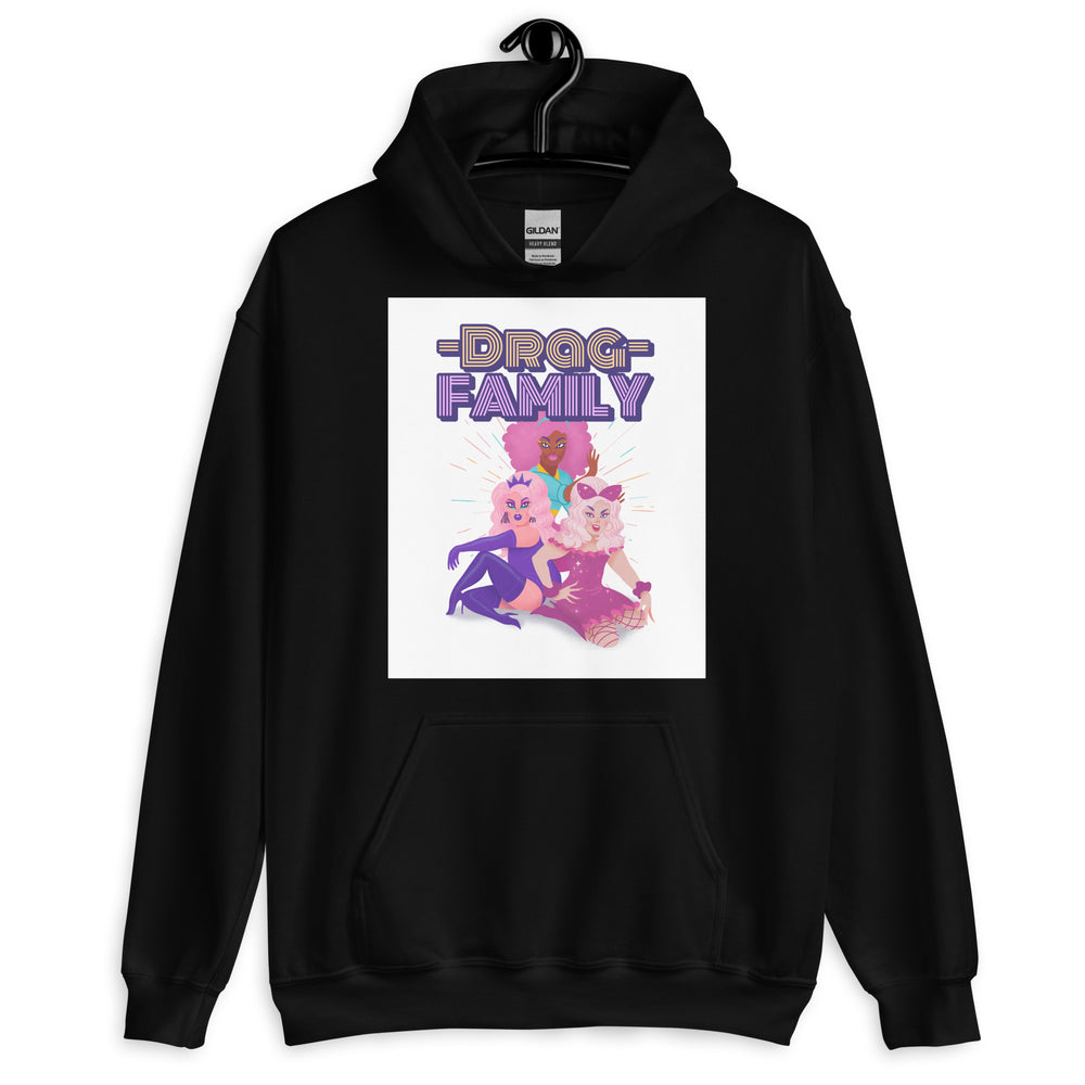 Front view of a black hoodie reading “DRAG FAMILY” above three illustrated drag performers