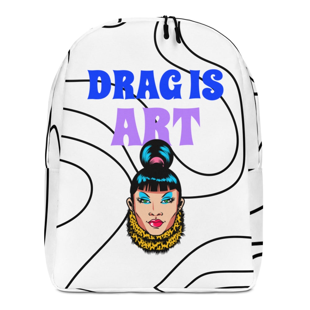 Front view of a white backpack reading “DRAGS ART,” with a colorful drag-queen portrait