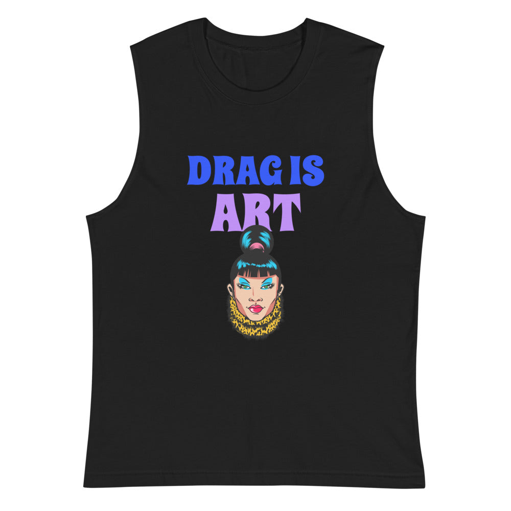 Black muscle tank top reading “DRAG IS ART” above a colorful drag-queen illustration