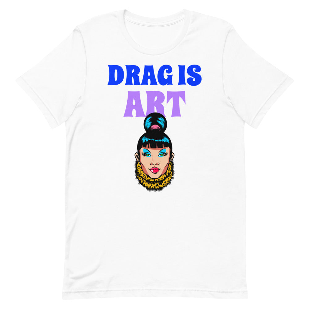 White T-shirt with “DRAG IS ART” text and colorful drag queen portrait graphic