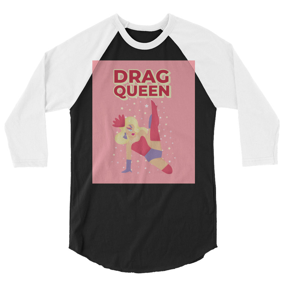 Front view of a black-and-white raglan shirt reading “DRAG QUEEN” above a colorful pin-up illustration