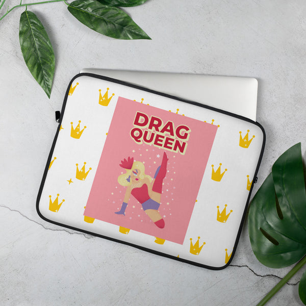Angled white laptop sleeve with crown pattern and pink “DRAG QUEEN” graphic