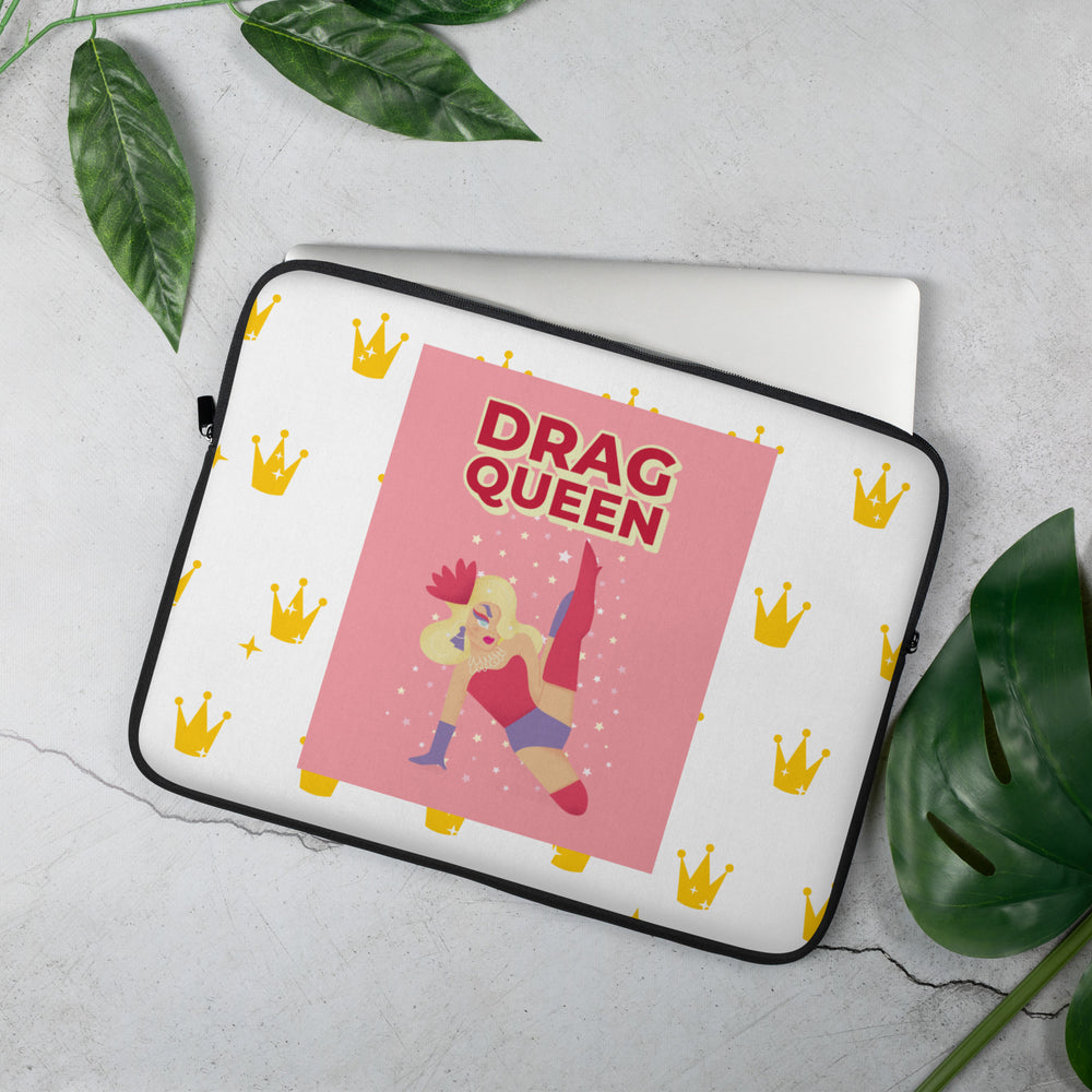 Angled white laptop sleeve with crown pattern and pink “DRAG QUEEN” graphic
