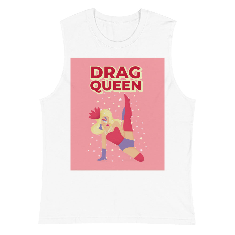 White sleeveless muscle tank with a pink “DRAG QUEEN” dancer graphic and stars