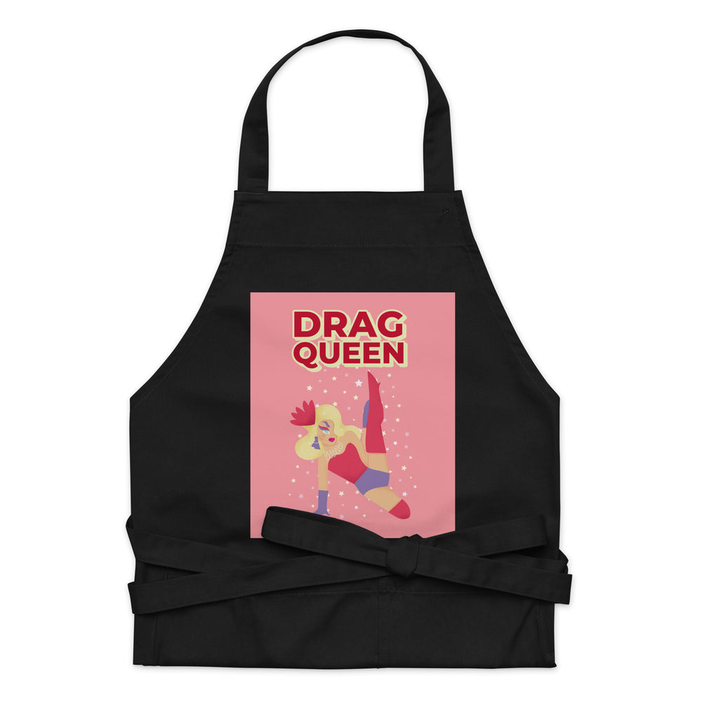 Black apron with waist ties and a pink “DRAG QUEEN” graphic of a glamorous figure