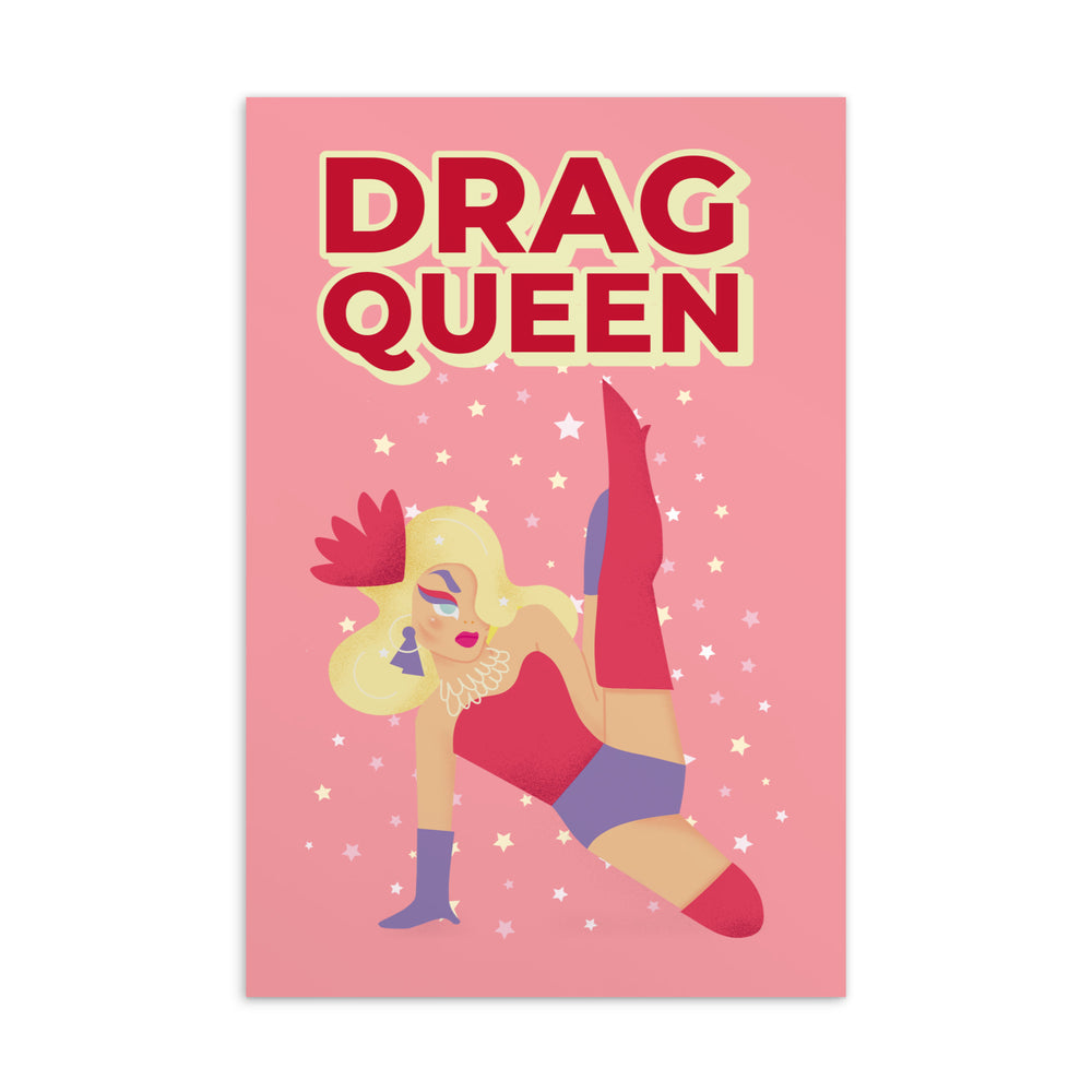 Pink drag queen postcard with bold “DRAG QUEEN” lettering and a glamorous illustrated figure