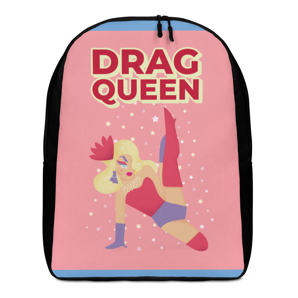 Front view of a pink backpack reading “DRAG QUEEN,” with a starry drag performer graphic