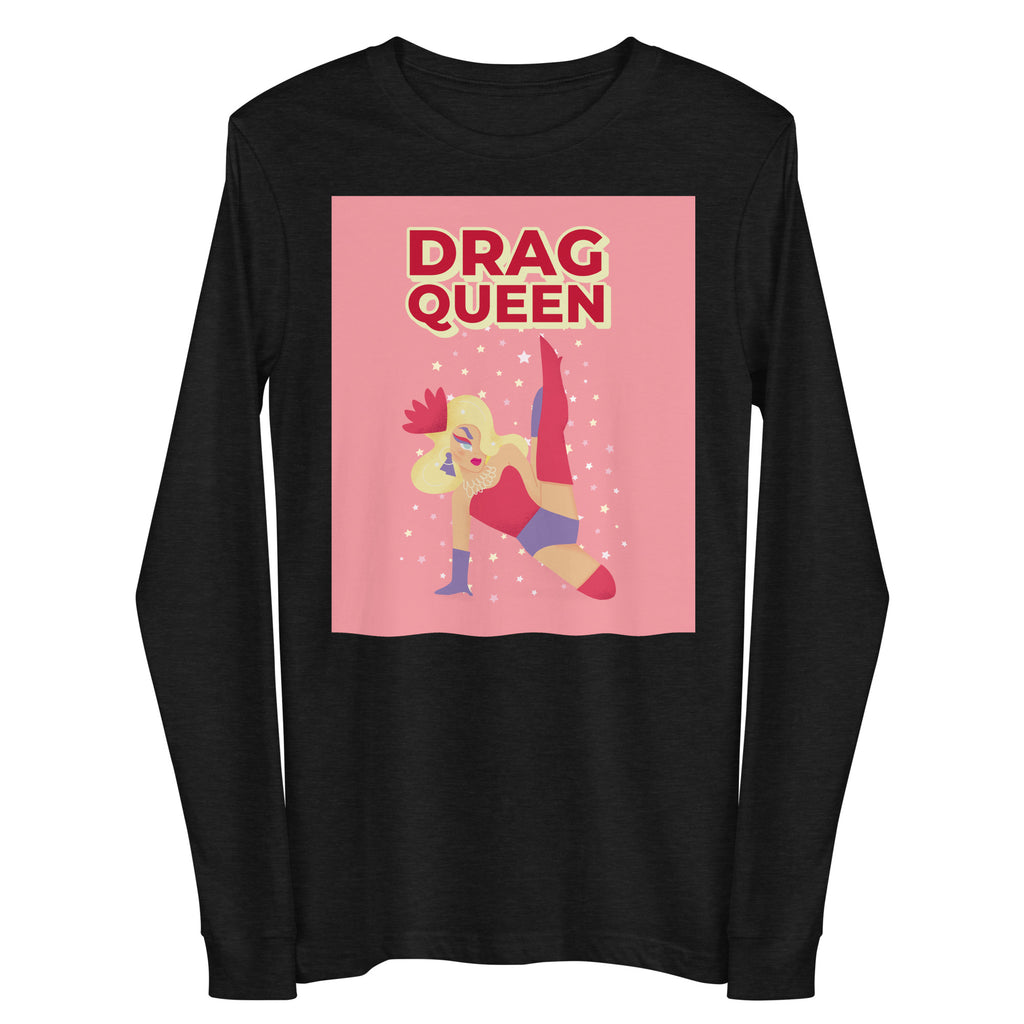 Black long-sleeve shirt with pink “DRAG QUEEN” graphic and illustrated performer