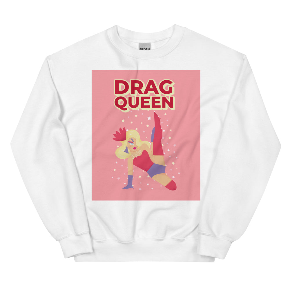 White sweatshirt with “DRAG QUEEN” text and a glamorous illustrated performer