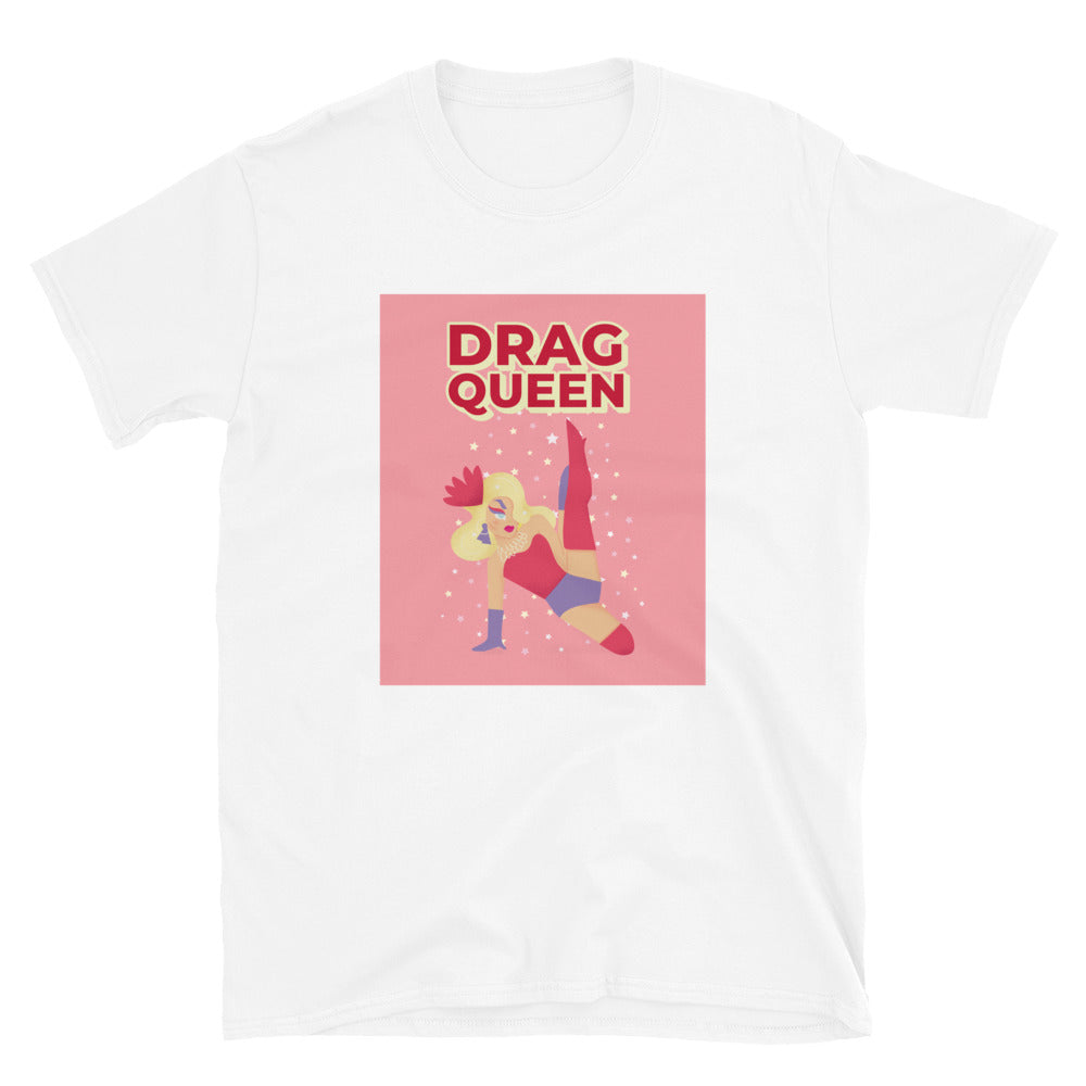 Front view of a white T-shirt with a pink drag queen illustration and “DRAG QUEEN” text