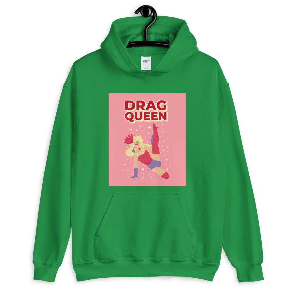 Green pullover hoodie with a pink drag queen illustration and “DRAG QUEEN” text