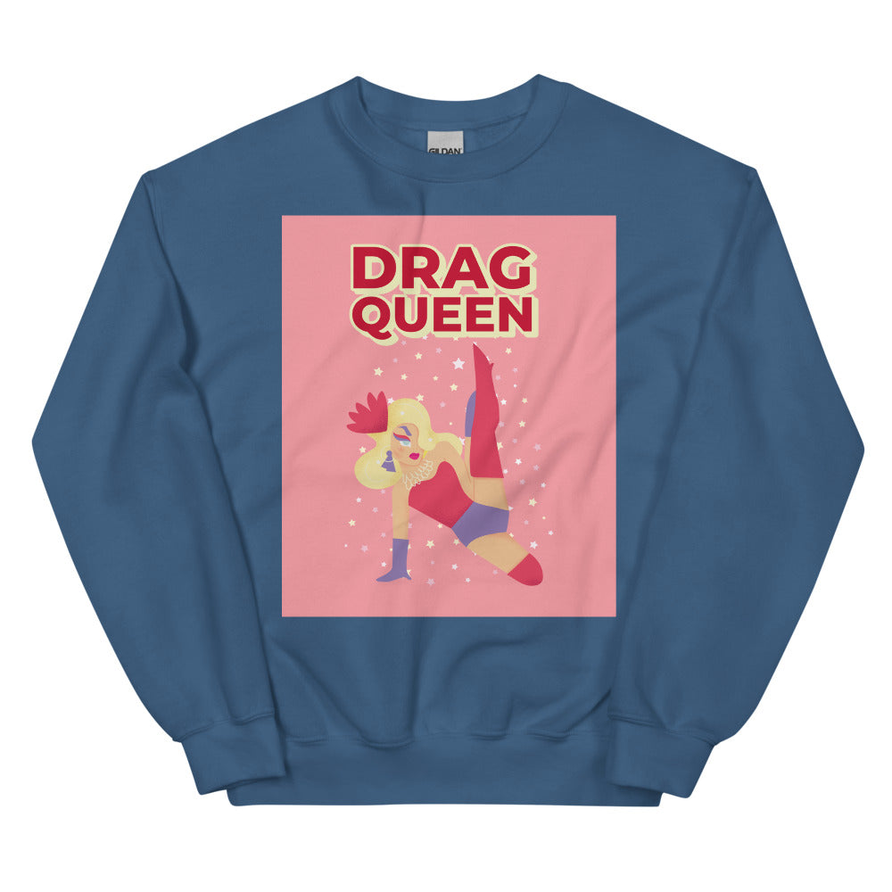 Front view of a blue sweatshirt with a pink “DRAG QUEEN” graphic and illustrated performer