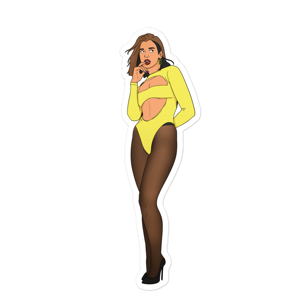 Illustrated sticker of a woman in a bright yellow cutout bodysuit and black tights