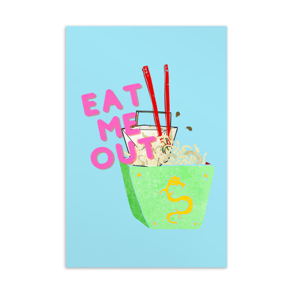 Postcard with pink “EAT ME OUT” lettering over a colorful noodle takeout illustration