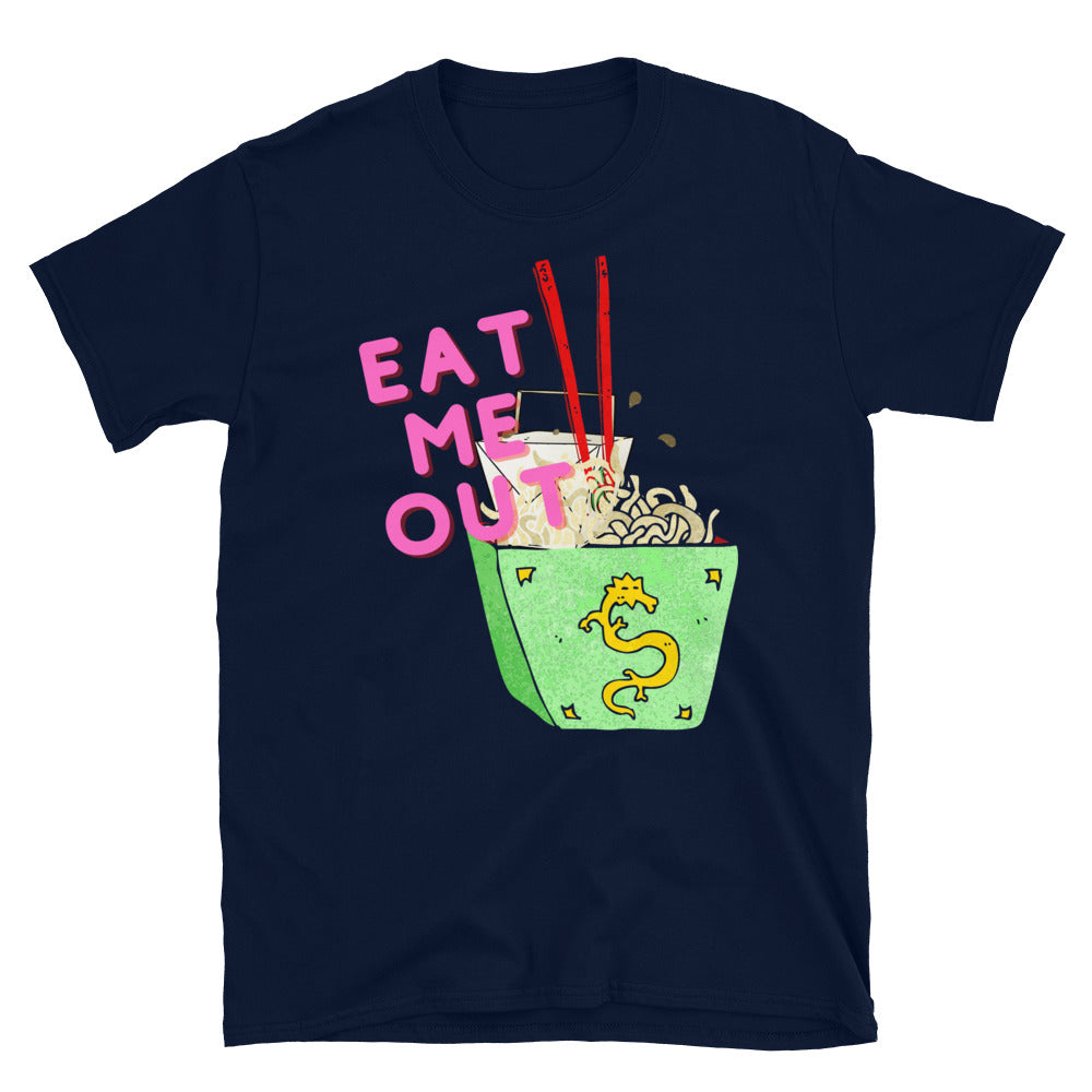 Navy T-shirt featuring pink “EAT ME OUT” text and a colorful takeout noodle bowl graphic