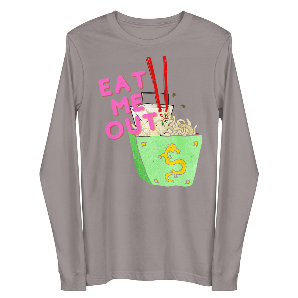 Front view of a gray long-sleeve shirt reading “EAT ME OUT” above a noodle cup graphic