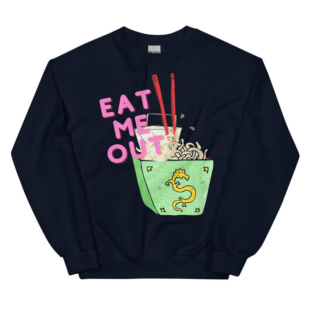 Navy sweatshirt with pink “EAT ME OUT” text and a colorful bowl graphic