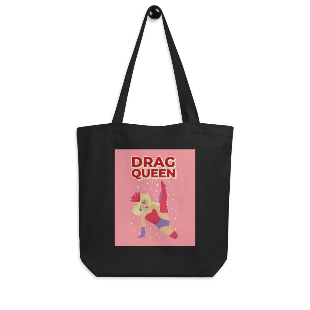 Black tote bag with pink drag queen illustration and “DRAG QUEEN” text