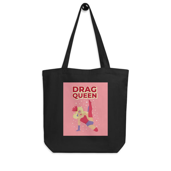 Black tote bag with pink drag queen illustration and “DRAG QUEEN” text