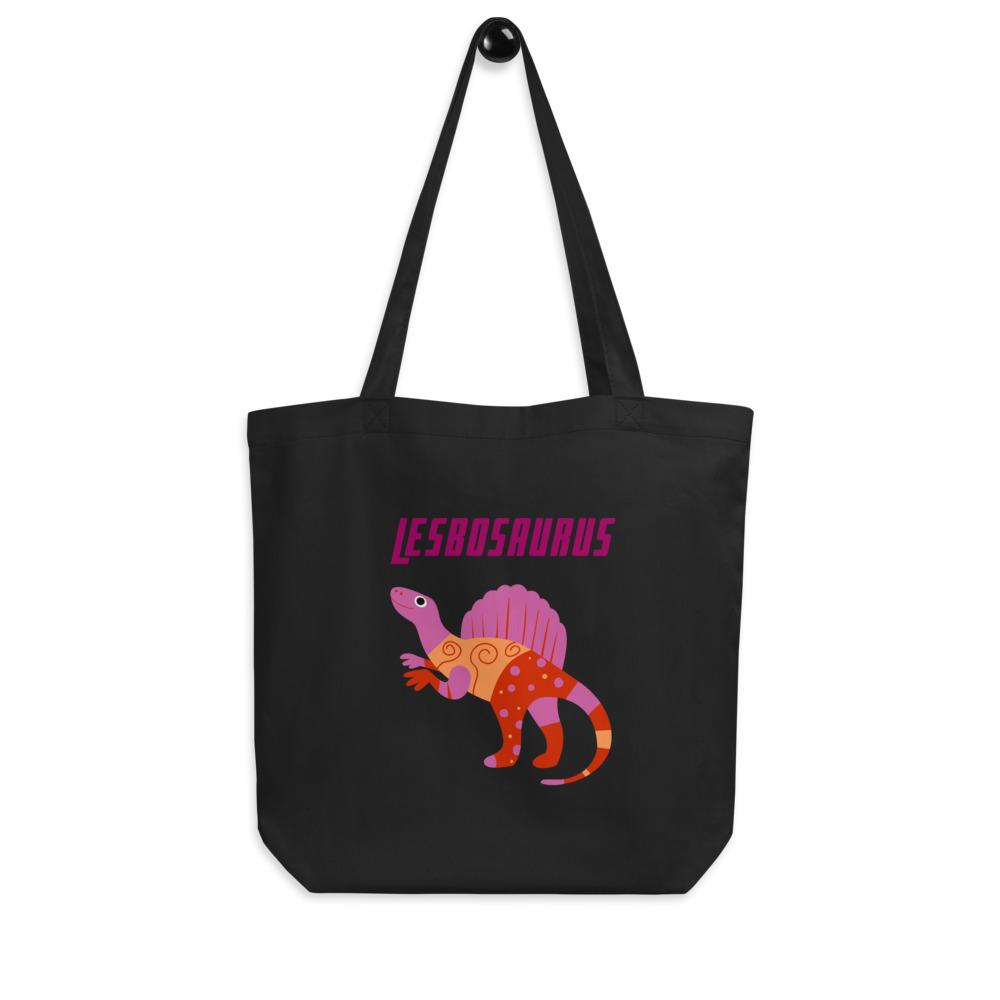 Black Lesbosaurus tote bag with pink and orange dinosaur illustration and matching text