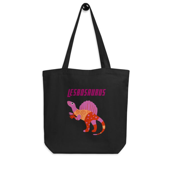 Black Lesbosaurus tote bag with pink and orange dinosaur illustration and matching text