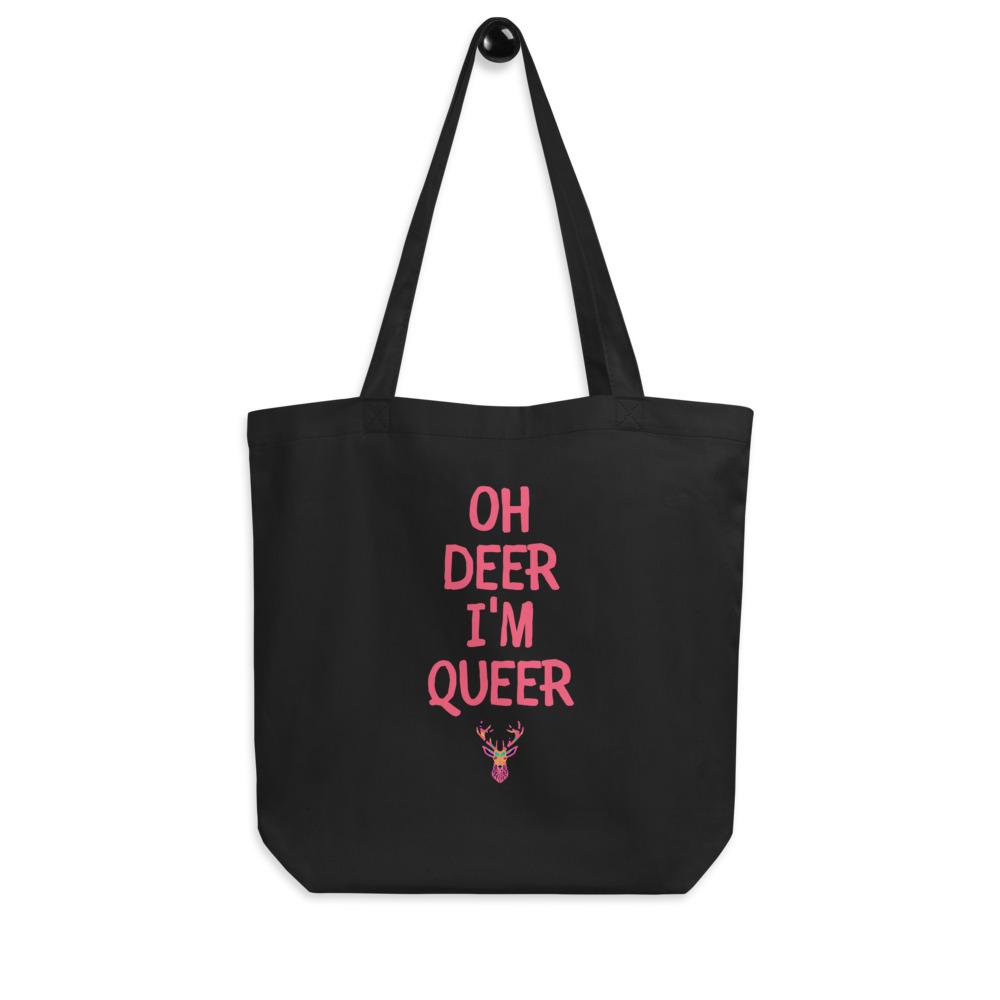 Black Oh Deer I'm Queer Eco Tote Bag by Printful sold by Queer In The World: The Shop - LGBT Merch Fashion