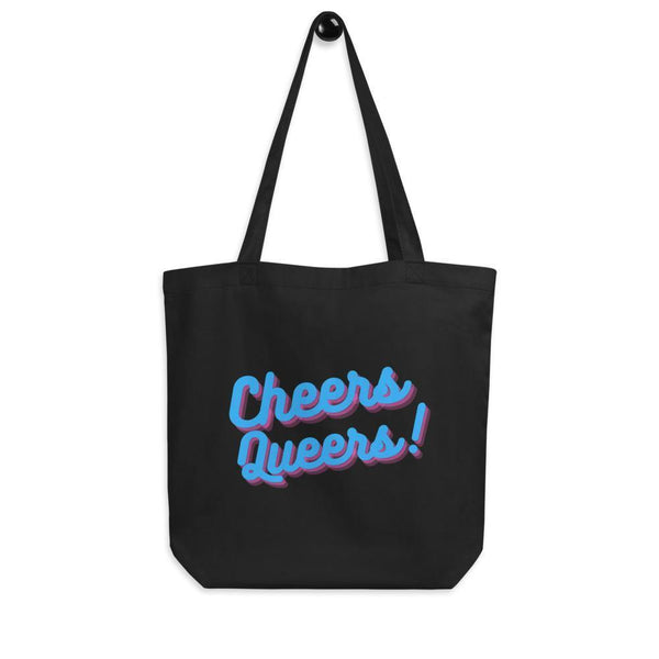 Black tote bag with colorful 3D-style “Cheers Queers!” lettering and long shoulder straps