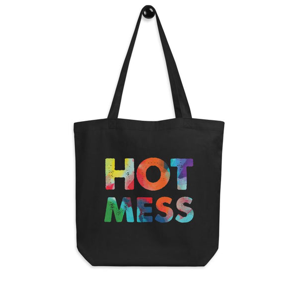 Black tote bag with colorful distressed lettering reading “HOT MESS”