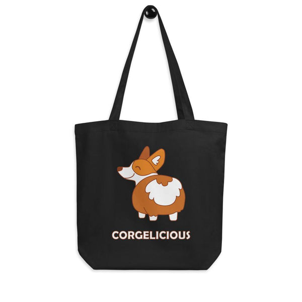 Black tote bag with a cartoon corgi and “CORGELICIOUS” printed on the front