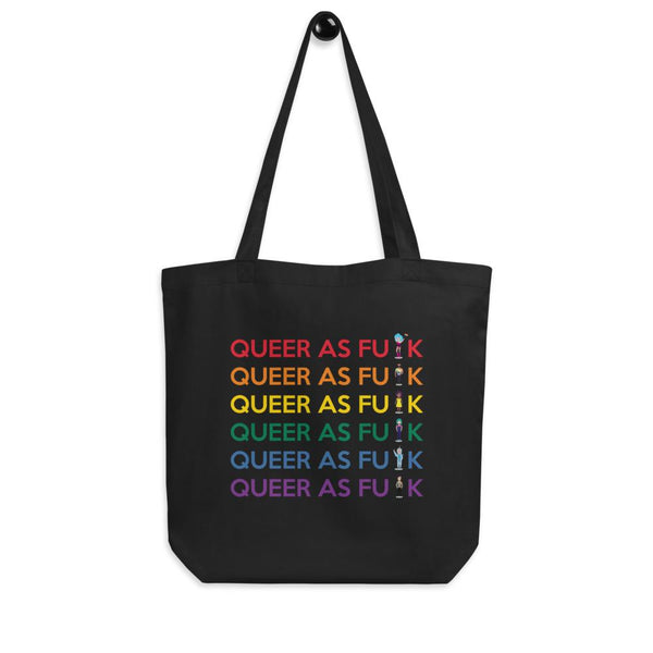 Black tote bag with six rainbow-colored rows of the text “QUEER AS FU♿K”