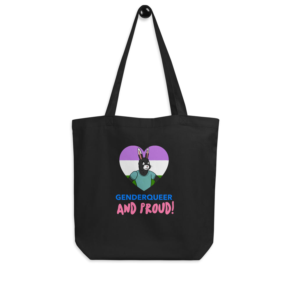 Front view of a black tote bag reading “GENDERQUEER AND PROUD!” with a rabbit in a heart