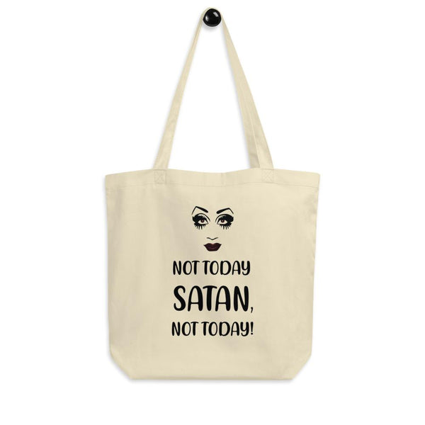Cream canvas tote bag with a stylized face and the text “NOT TODAY SATAN, NOT TODAY!”