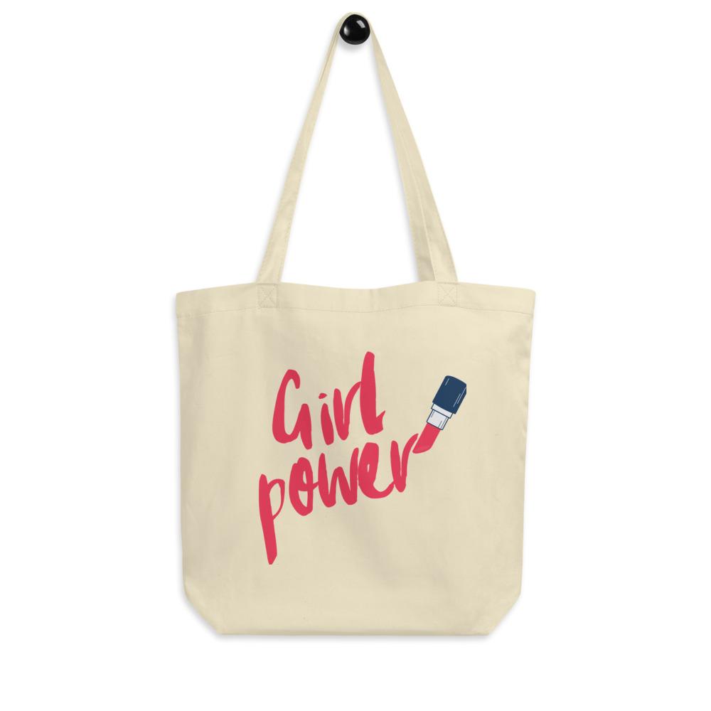 Cream canvas tote bag with pink “Girl Power” lettering and lipstick illustration