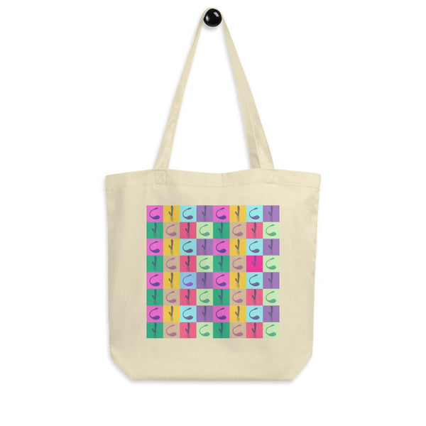 Cream canvas tote bag with a colorful repeating vibrator pop-art print