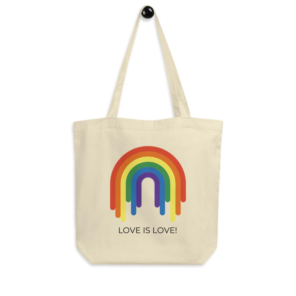 Cream Pride rainbow tote bag with the slogan “LOVE IS LOVE!”