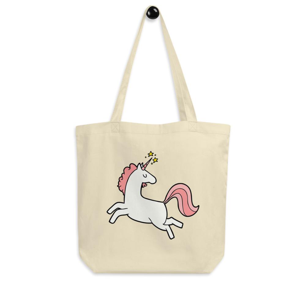 Cream canvas tote bag with a leaping white unicorn, pink mane and tail, and star accents