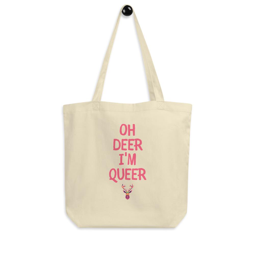 Cream eco tote bag with pink “OH DEER I’M QUEER” text and colorful deer graphic