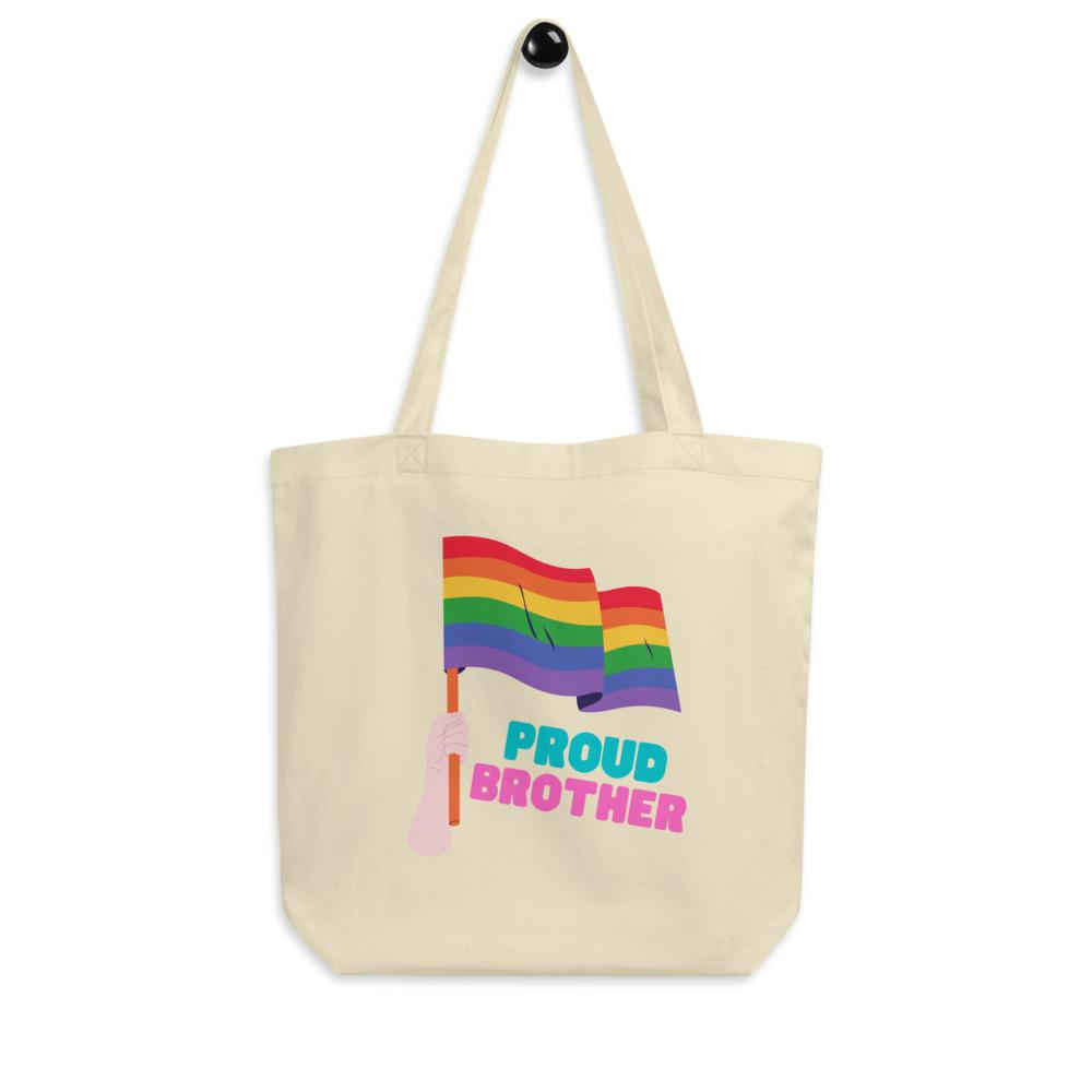Pride rainbow tote bag with waving flags and “PROUD BROTHER” graphic