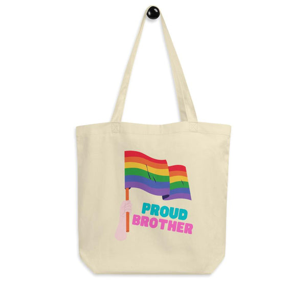 Pride rainbow tote bag with waving flags and “PROUD BROTHER” graphic