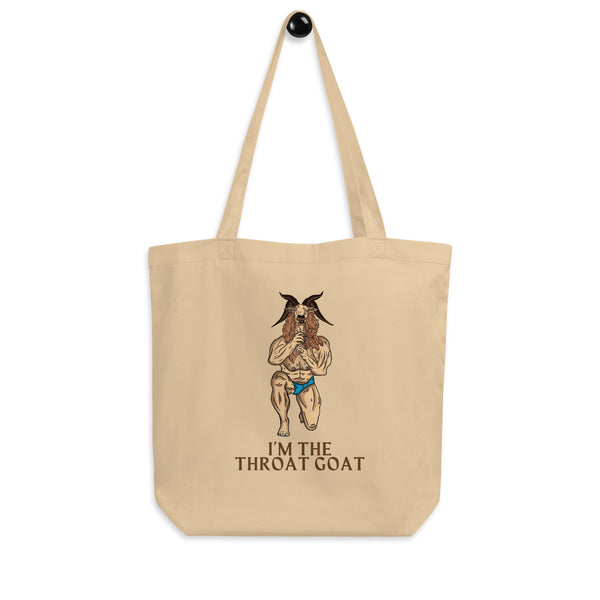 Beige tote bag with a horned goat illustration and “I’M THE THROAT GOAT” text