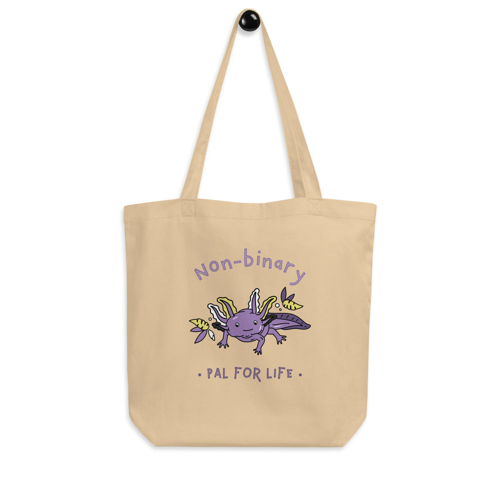 Oyster canvas tote with purple axolotl graphic and “Non-binary • Pal for Life” text