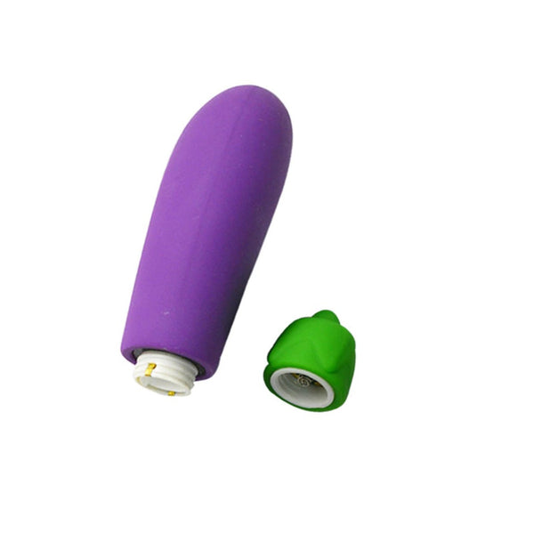 Purple eggplant-shaped vibrator shown with its green leafy cap removed