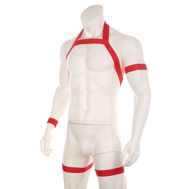 Red elastic full-body halter harness with chest, arm, wrist, and thigh straps