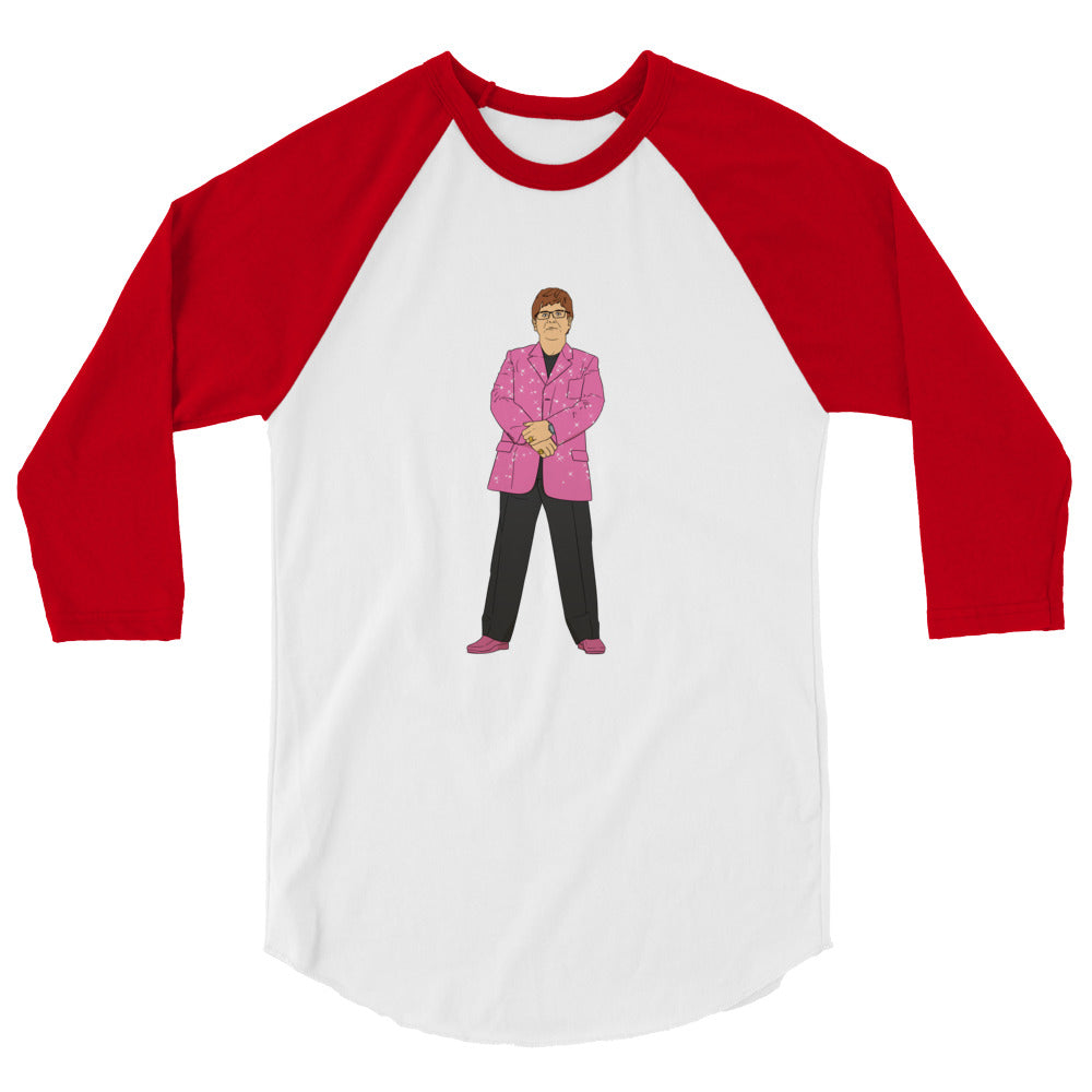 Front view of a white raglan shirt with red three-quarter sleeves and a pink-suited figure
