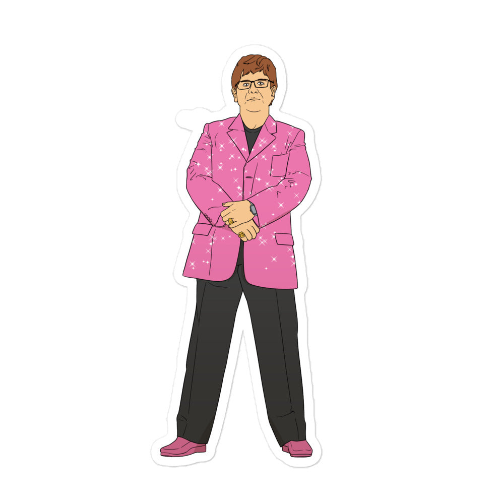 Illustrated sticker of a bespectacled man in a sparkling pink suit and black pants